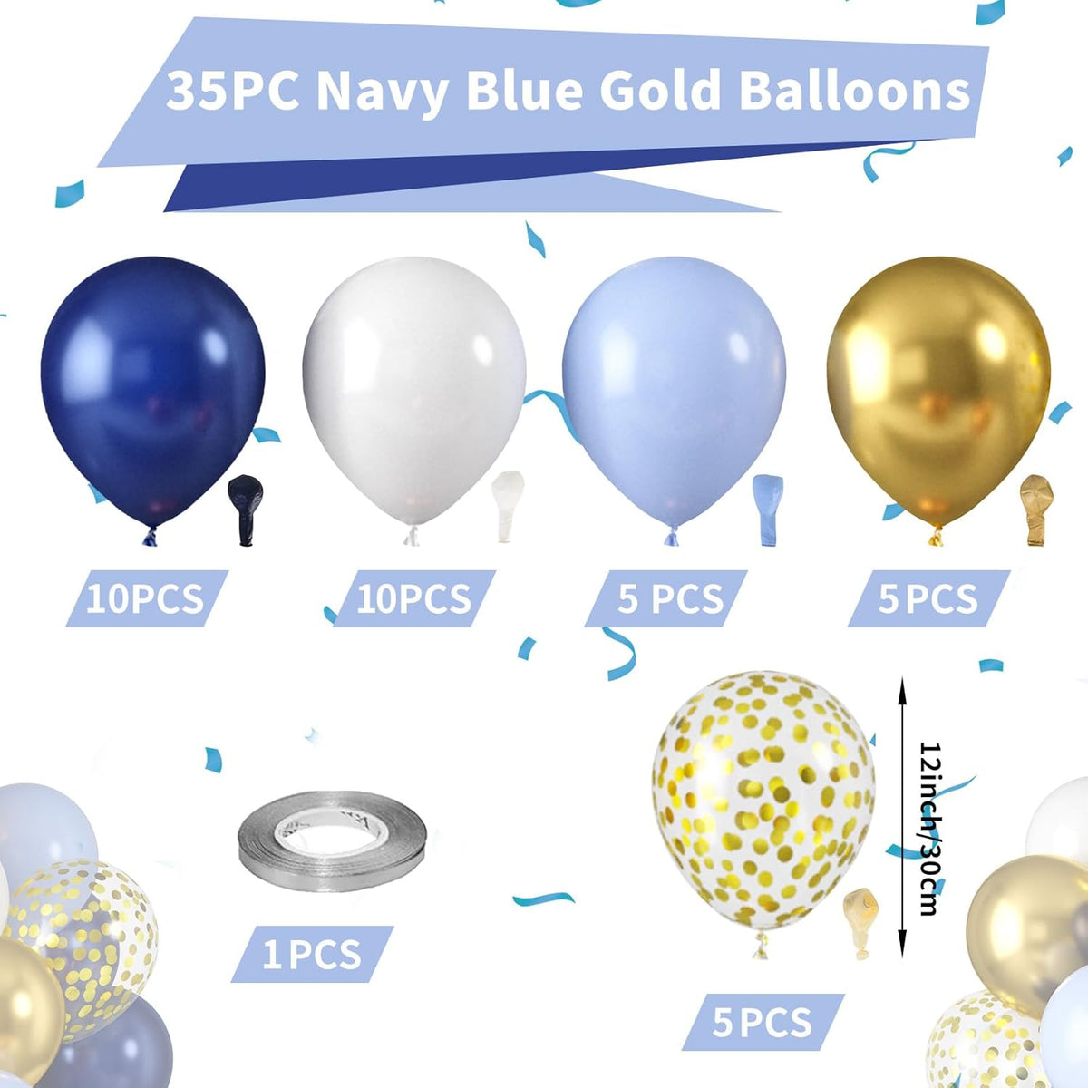 Royal Blue and Gold Balloons, Blue and White Gold Balloons, Macaron Navy Golden Confetti Latex