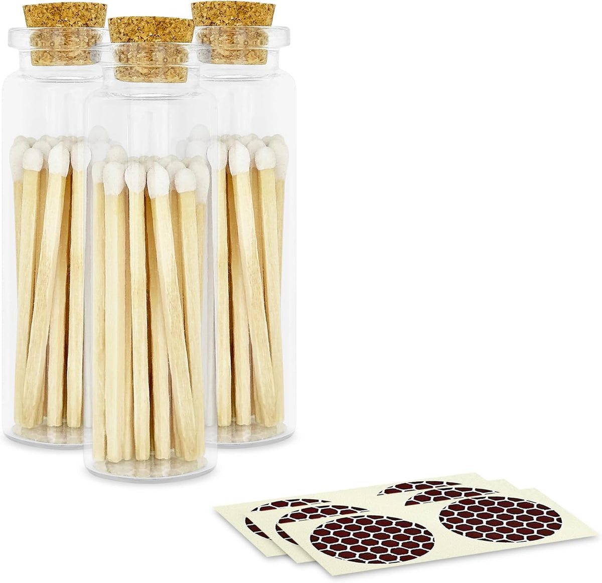 2" Classic White Tip Safety Matches | 3 Glass Bottles Each with Cork Top, Striker & 20 Matchsticks