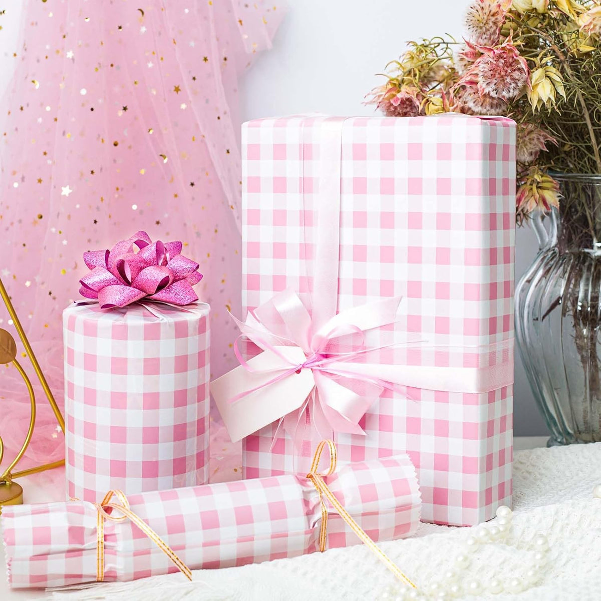 Burymento Pink Checkerboard Wrapping Paper, Gift Wrap for Birthday, Valentines, Mothers day