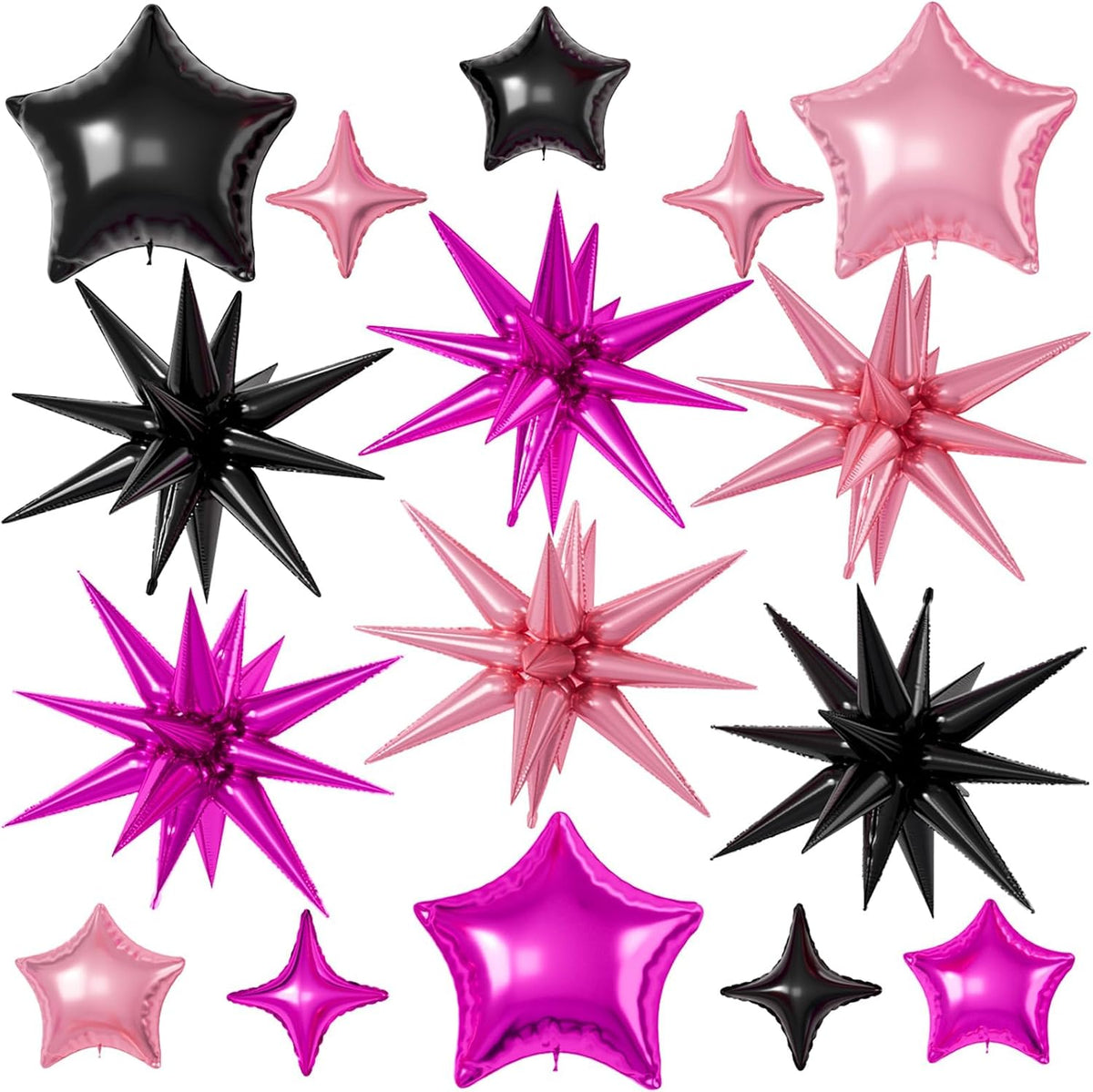 16 Pcs Black Hot Pink Star Balloons, 22/18/10 Inch Foil Balloons, Four-Pointed Balloon for Girl