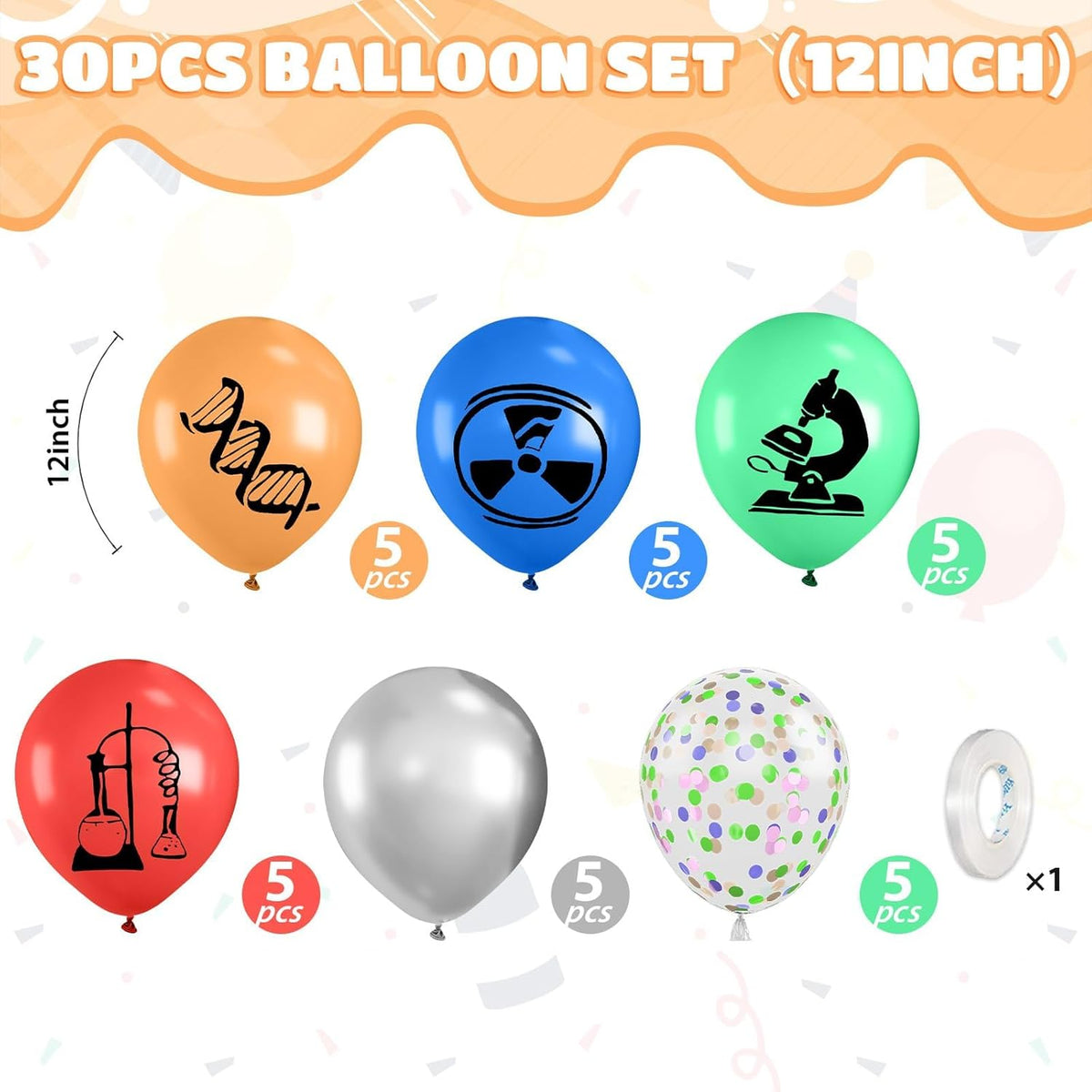 Science Party Balloons, 12 Inch Dark Light Blue Red Green Orange Metallic Silver Colorful Confetti
