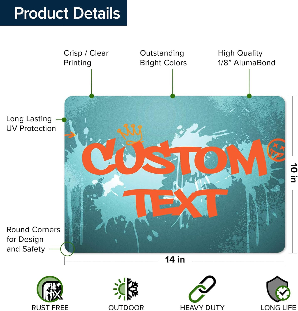 Custom Sign, Custom Street Sign, 11 Font Colors, 13 Font Styles, 4 Hole Options, 22 Sizes, 10x14