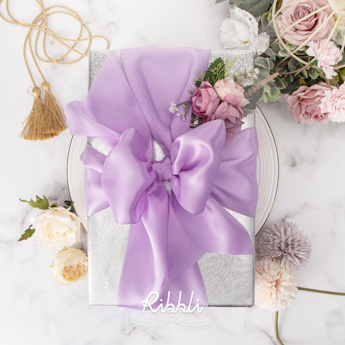 Ribbli Lavender Satin Ribbon 4 Inch Wide Light Orchid Purple Ribbon for Wedding Chair Sash Grand