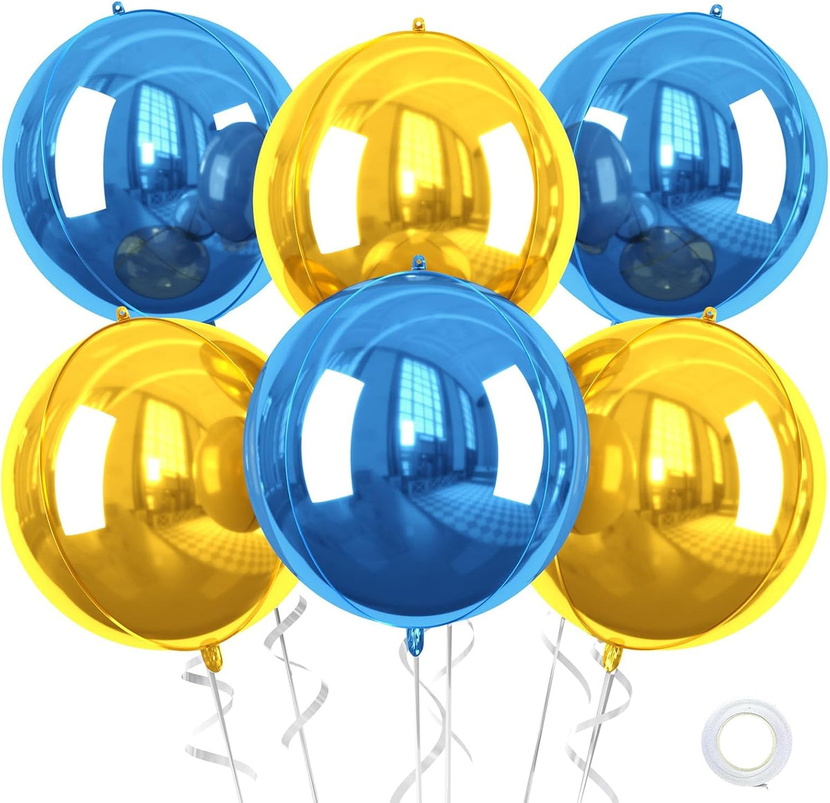 Blue Gold Giant 4D Foil Balloons, 6 Pcs Large Metallic Blue and Gold Round Balloons, 22 Inch Big