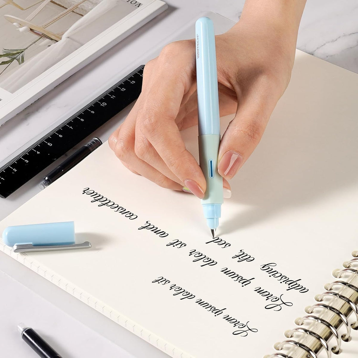 WRITECH Soft Grip Fountain Pen: Black Ink Fine Nib Pen with 1 Replacement Nib Set and 3 Ink