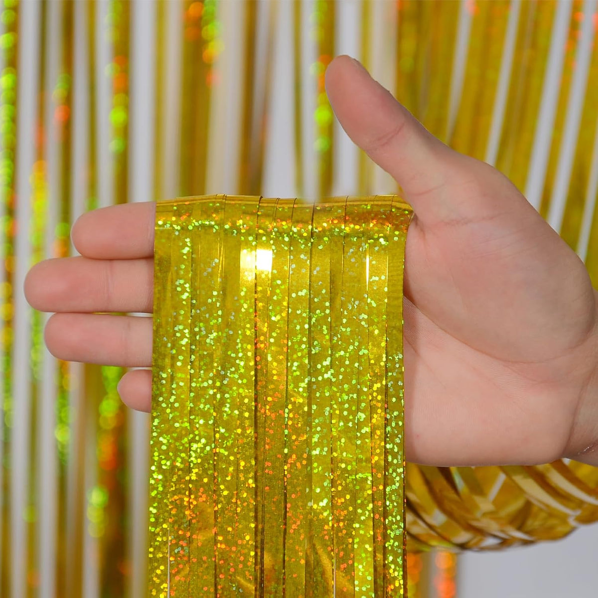 Foil Fringe Curtains Happy Retirement Decorations - Melsan 3 Pack 3.2 x 8.2 ft Gold Tinsel Curtain