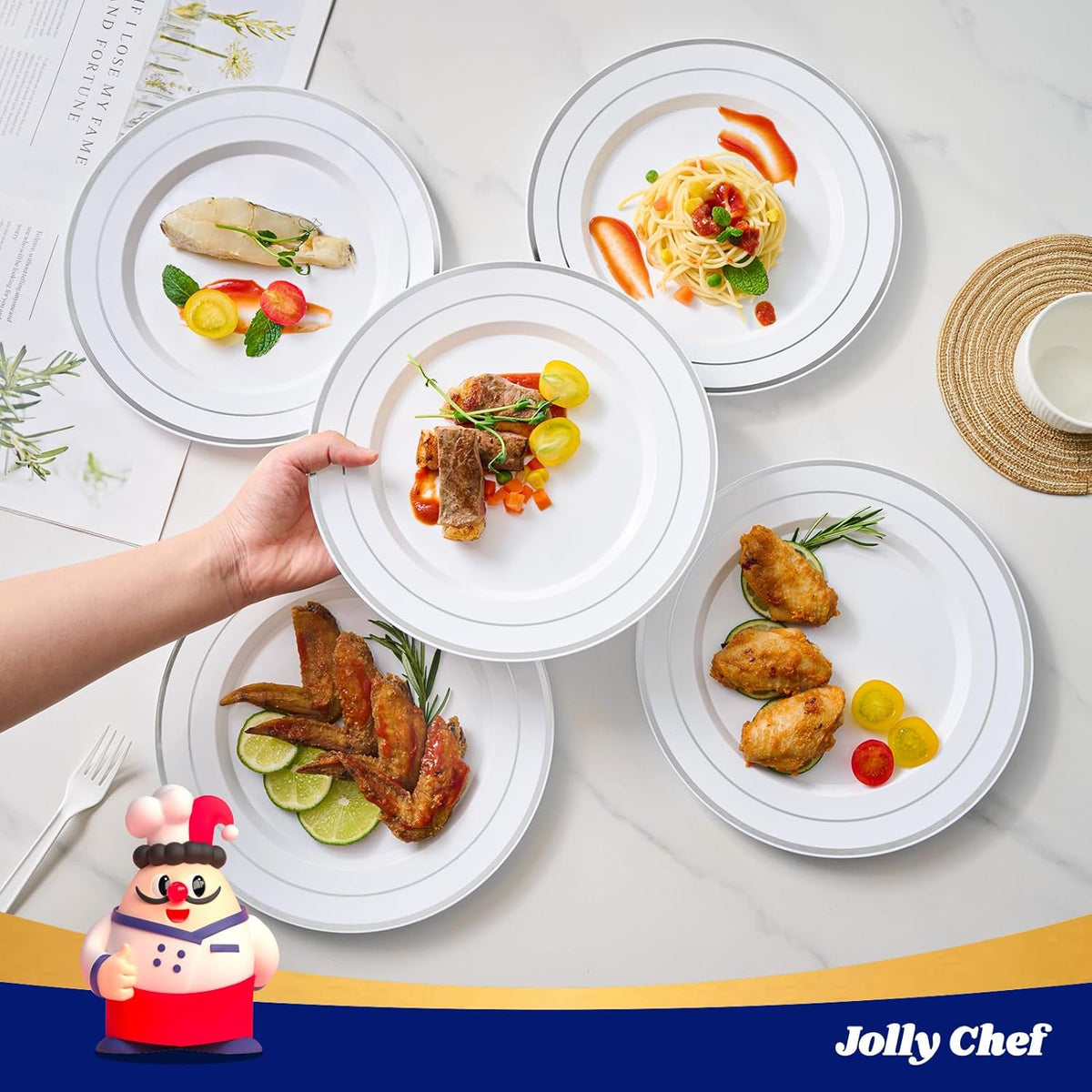 JOLLY CHEF 100 Pieces Silver Plastic Plates, 10 Inch Elegant Disposable White with Silver Rim