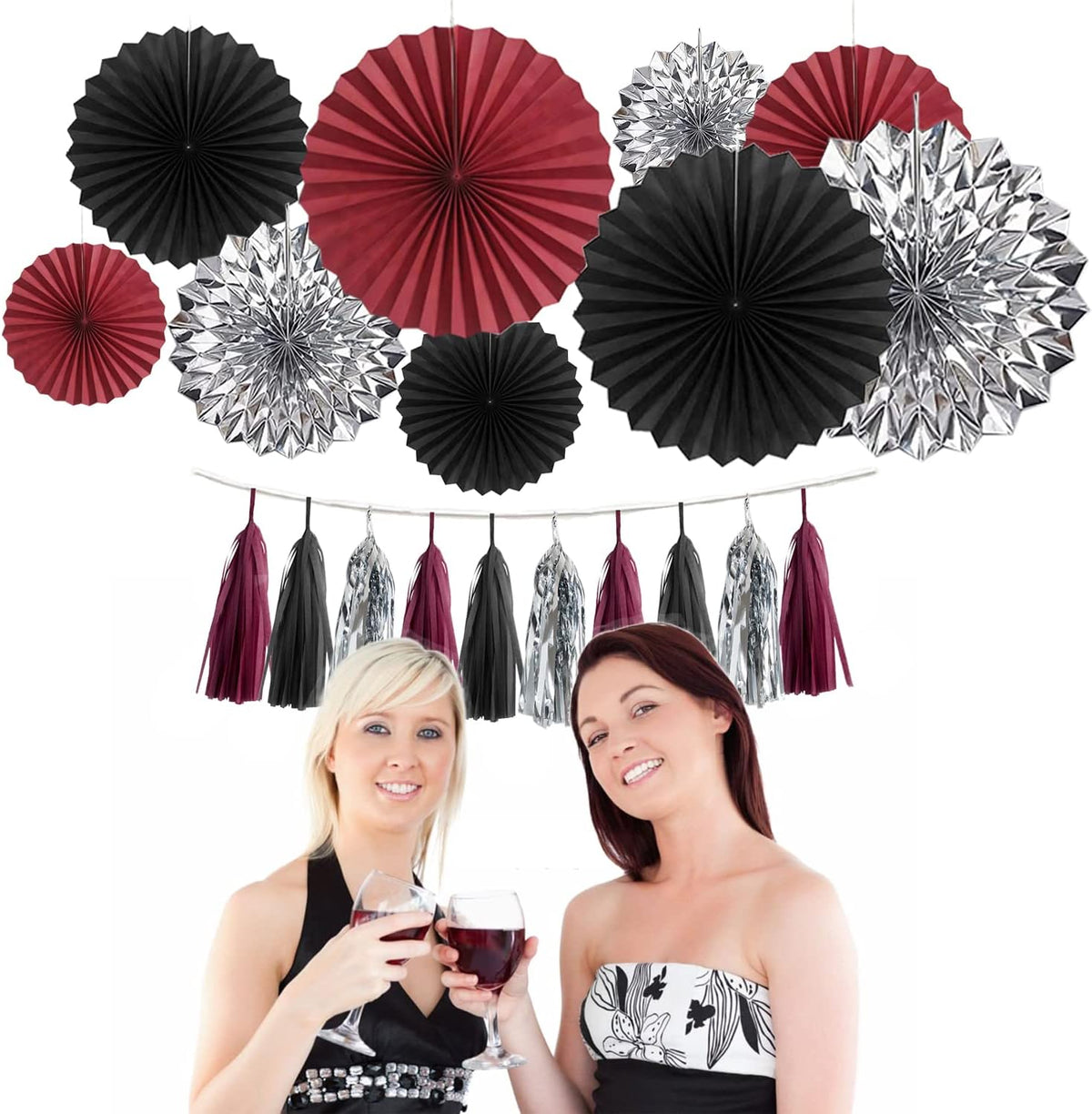 24PCS Maroon Decorations Burgundy Black Silver Party Decor Tassel Garland Banner Paper Flower Fans