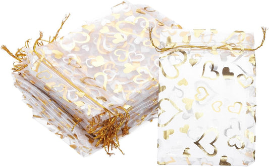 PATIKIL 100 Pcs 4x6 Inch Heart Printed Organza Bags, Gold Silver Sheer Heart Organza Bags with