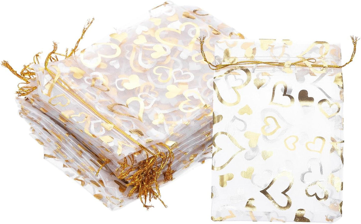 PATIKIL 50 Pcs 4x6 Inch Heart Printed Organza Bags, Gold Silver Sheer Heart Organza Bags with