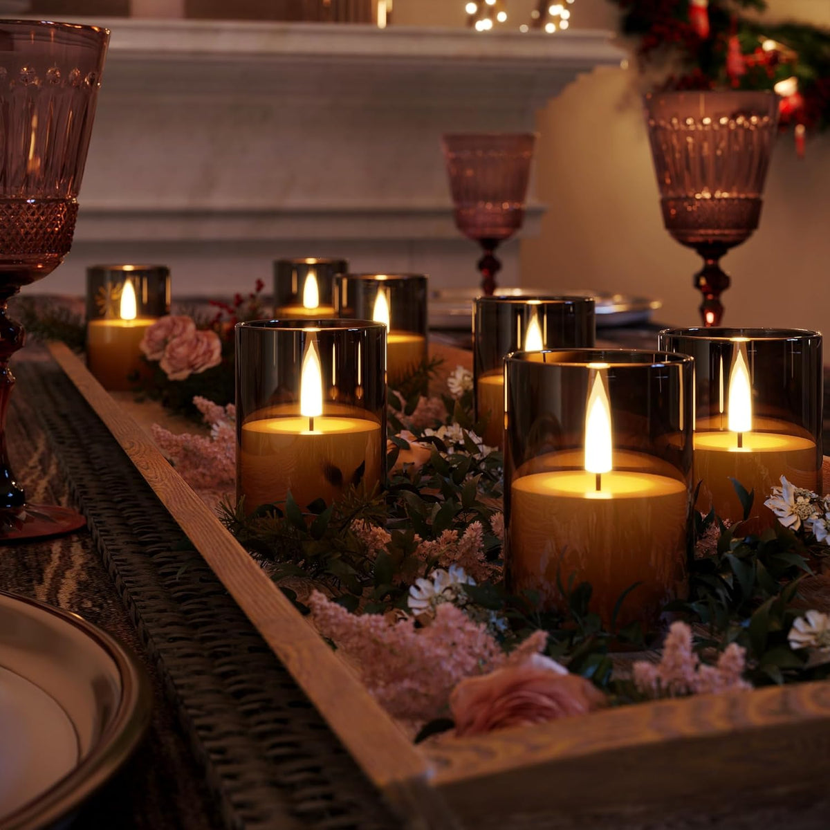 12Pack Flickering Flameless LED Candles with Timer, Battery Powered - Small Pillar & Votive, Black
