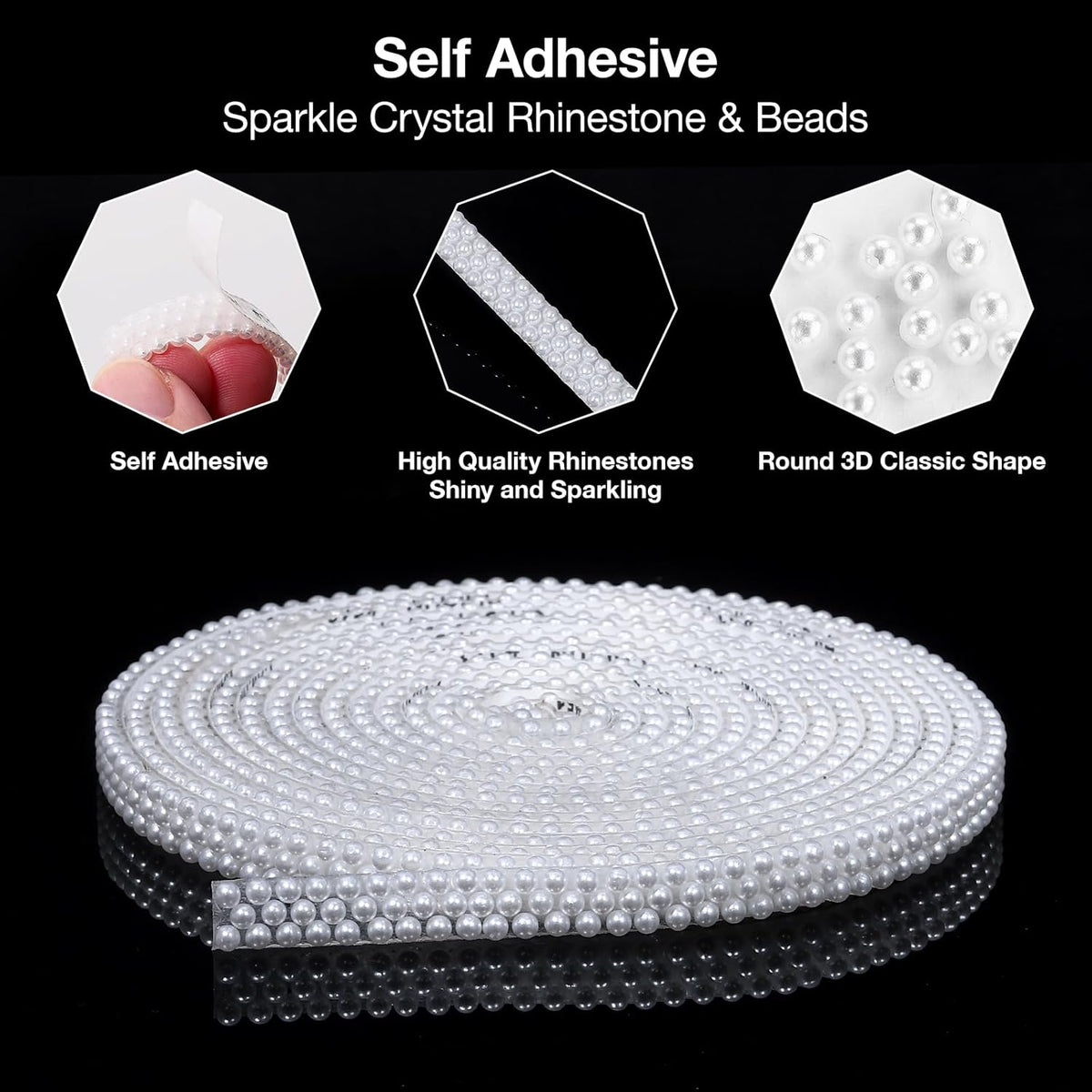 White Pearls Ribbon 3 Yards Self Adhesive Pearls Strips Diamond Ribbon Sticker Crystal Roll Glitter