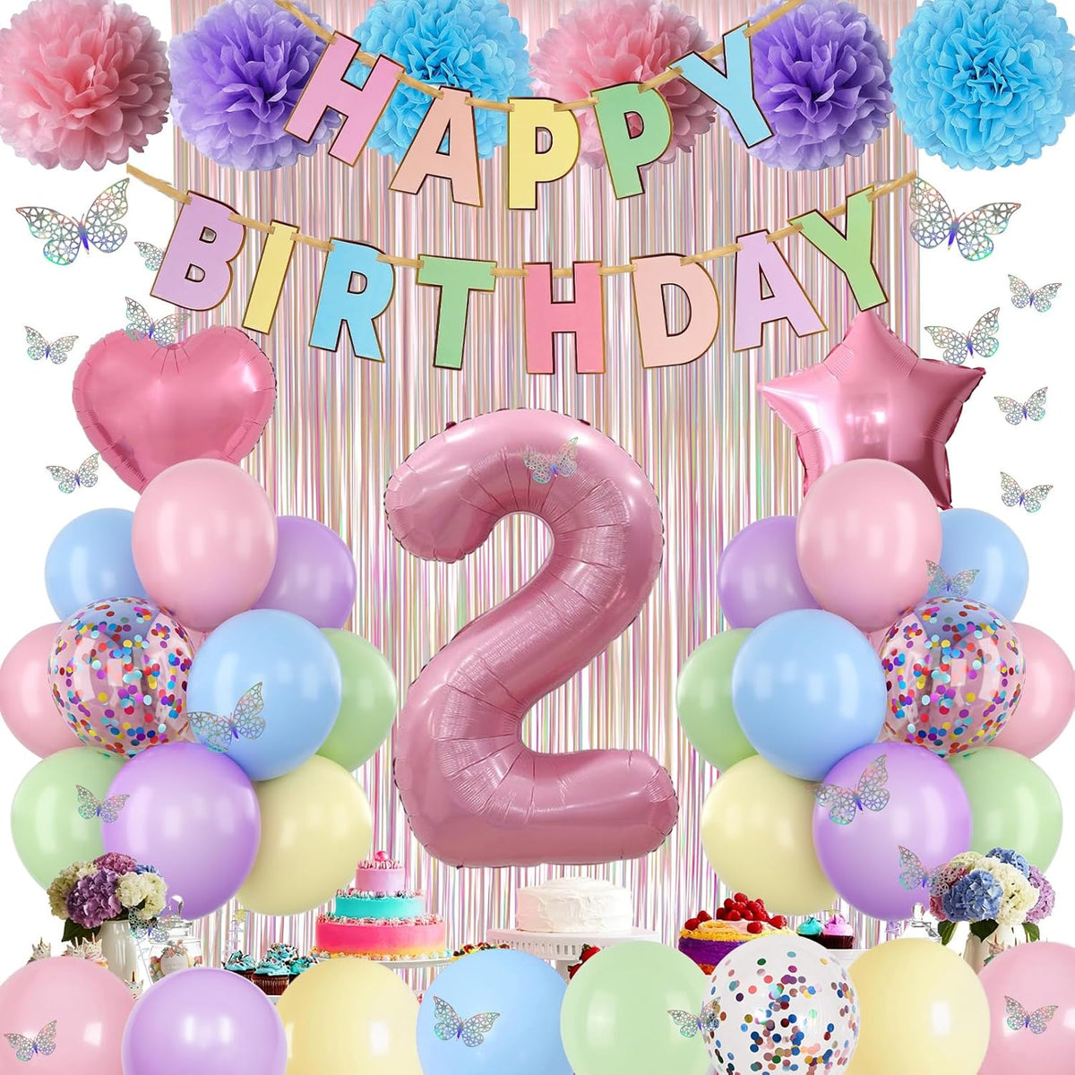 Pastel 2nd Birthday Party Decorations for Girls Number 2 Balloon Happy Birthday Banner Butterfly