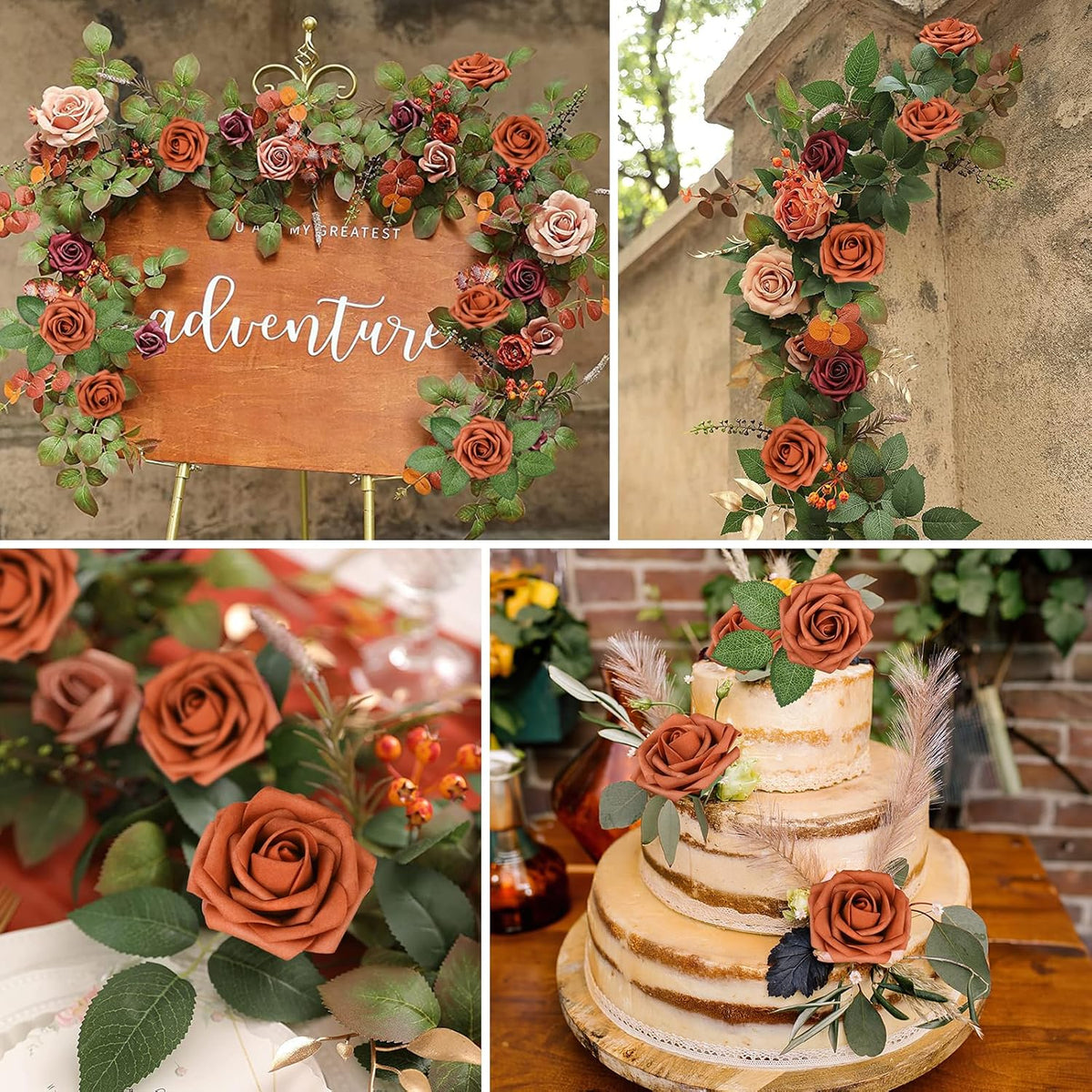 AmyHomie Artificial Flowers Burnt Orange Rose 25pcs Real Looking Fake Roses w/Stem for DIY Wedding