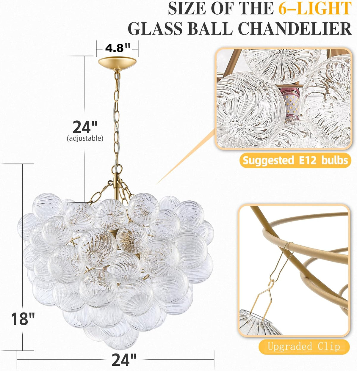 Nordic Bubble Ball Swirled Glass Chandelier, Diam 24 inch Gild Gold and Clear Blown Glass Hanging