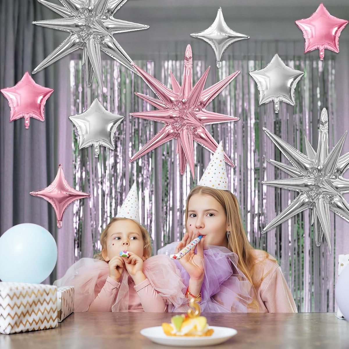 Pink Silver Star Balloon,16Pcs Star Foil Balloons Set with 22Inch Explosion Spike Cone Balloons and