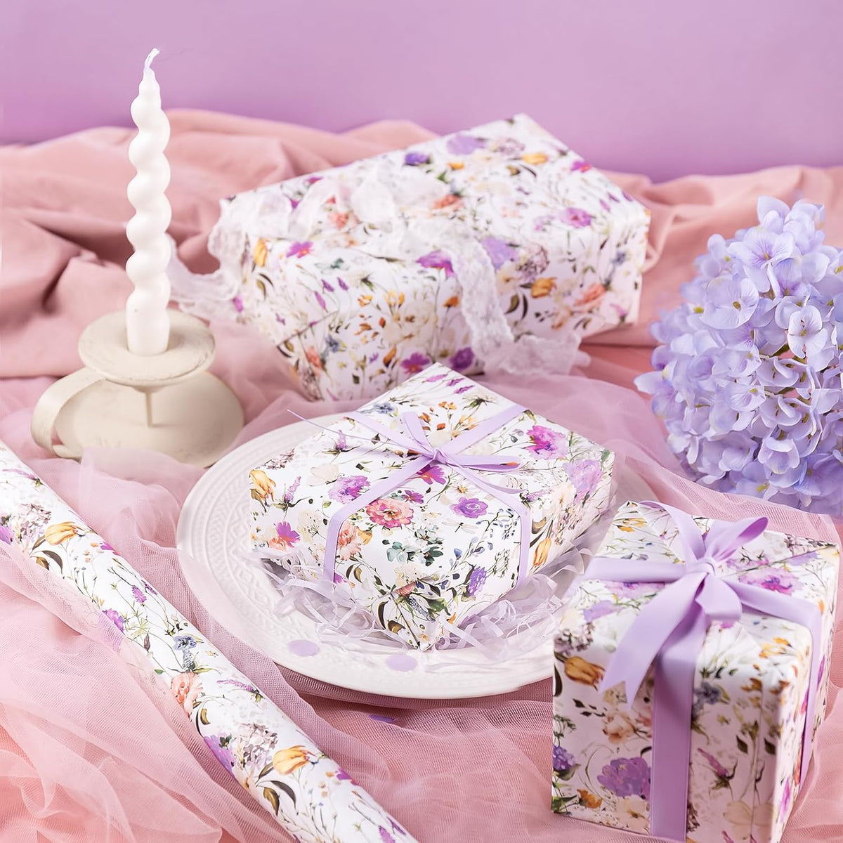WRAPAHOLIC Kraft Floral Wrapping Paper Roll - Mini Roll - 17 Inch x 16.5 Feet - Garden Wildflower