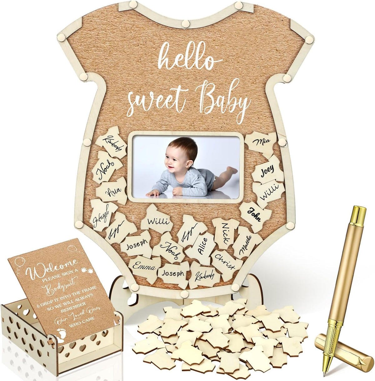 Wenqik 63 Pcs Bodysuit Baby Shower Guest Book Alternatives Set Baby Shower Decorations with Photo