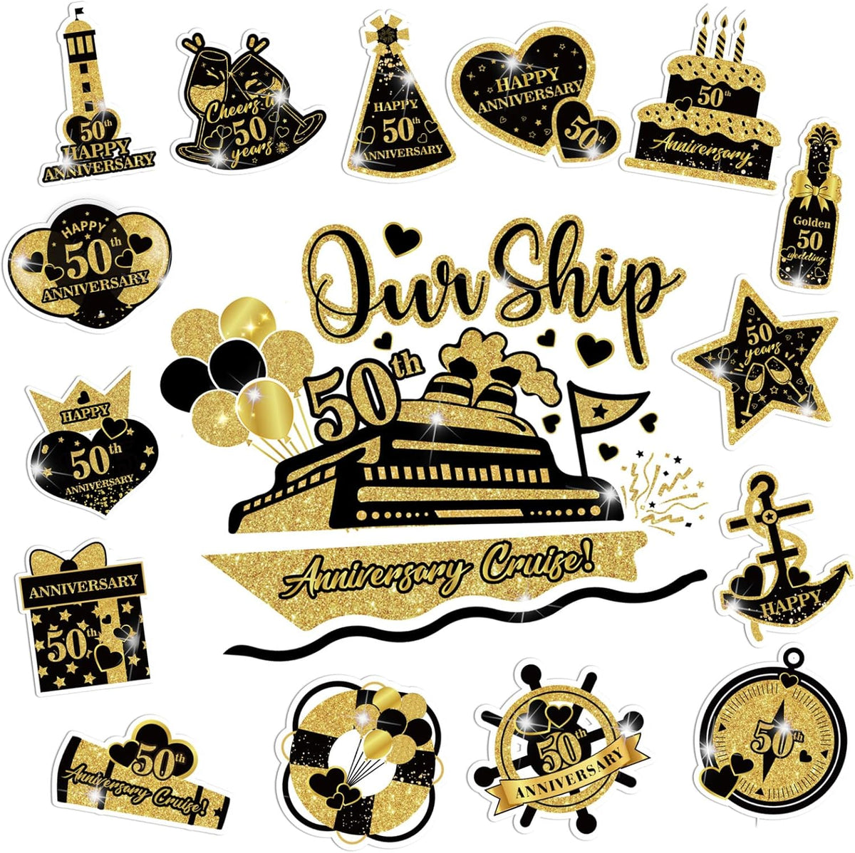 50th Anniversary Cruise Door Magnets Decorations, Gold Black Happy 50th Anniversary Cruise Ship