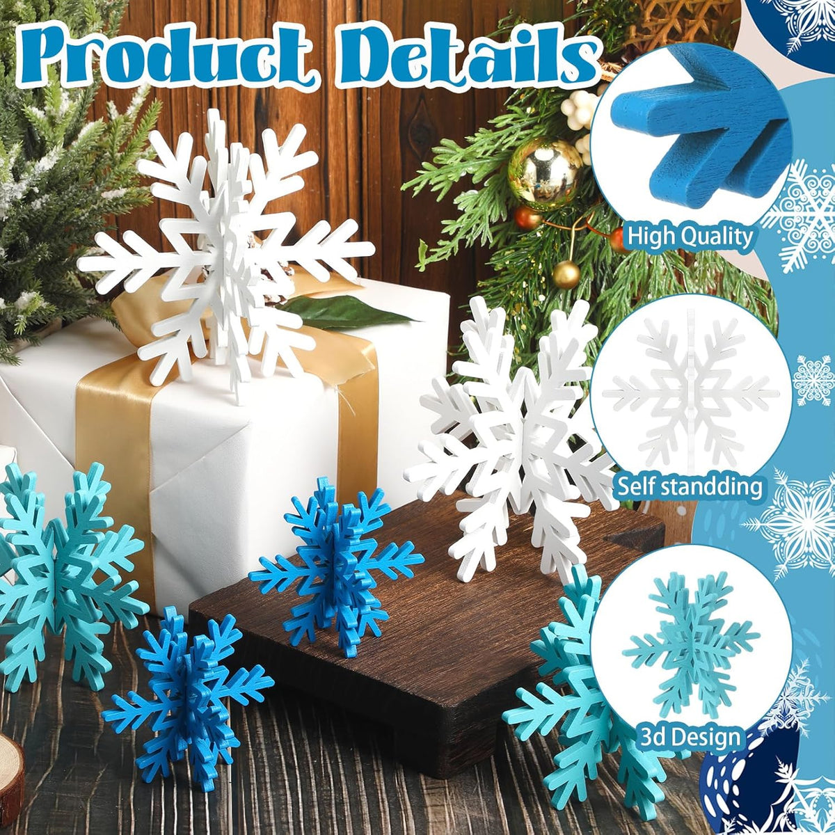 Bucherry 12 Pcs Wooden Snowflake Table Decor 3D Snowflake Tabletop Signs and Centerpiece for