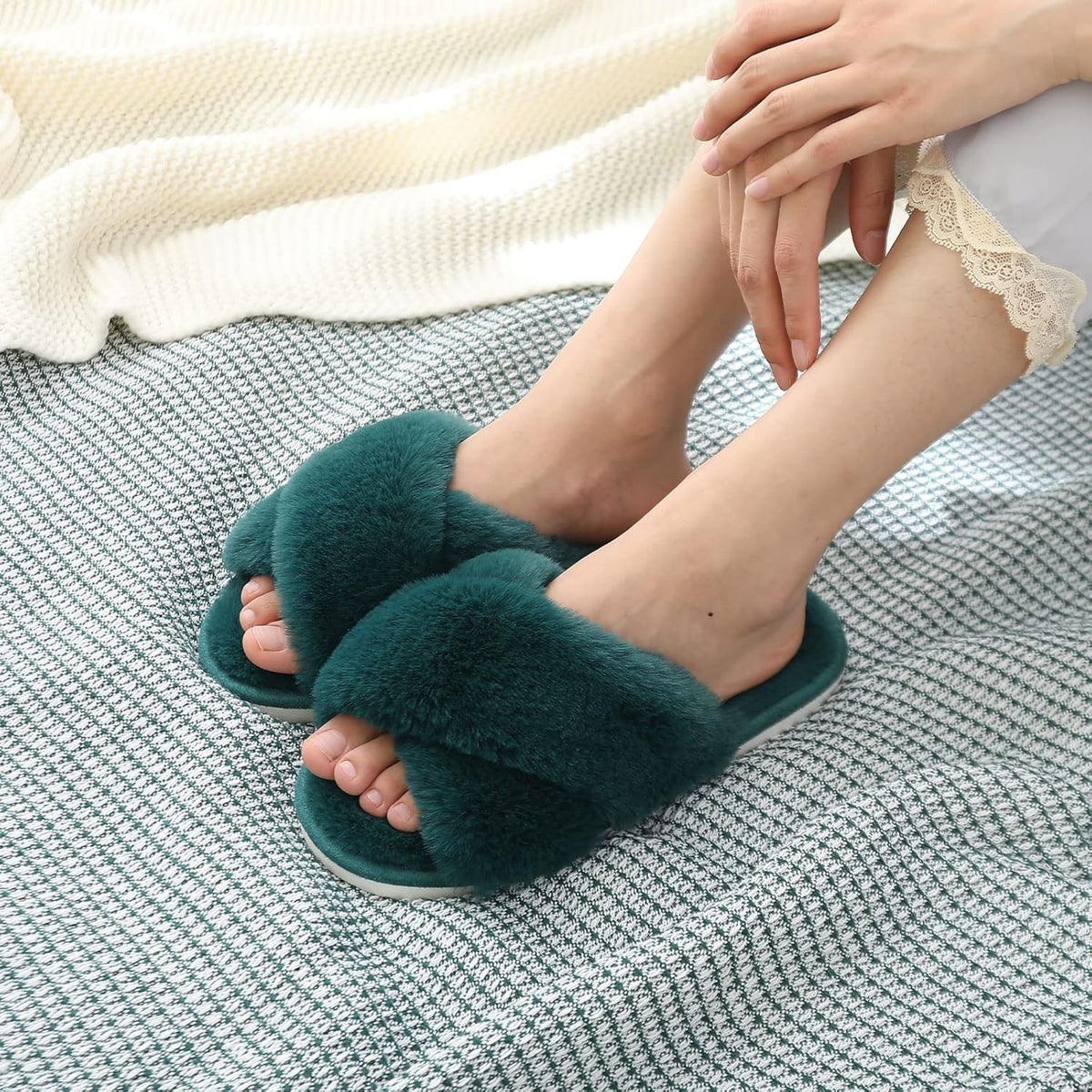 Evshine Women's Fuzzy Slippers Cross Band Memory Foam House Slippers Open Toe