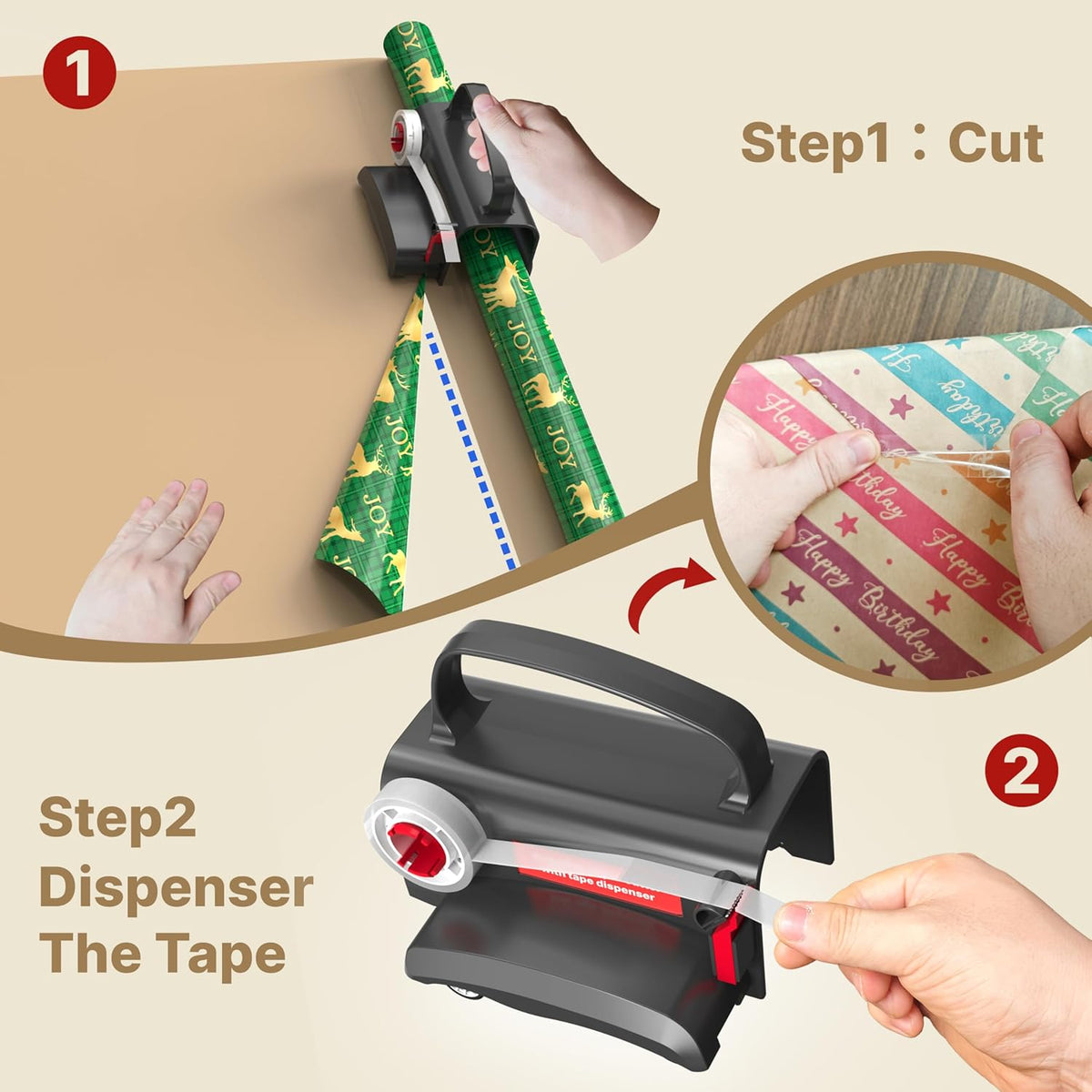(2-Pack) Wheel Wrapping Paper Cutter & Tape Dispenser with 4 Tapes，2 Replace Blades Kit for
