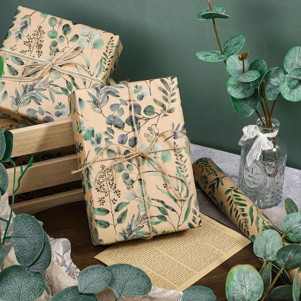 RUSPEPA Eucalyptus Leaf Gift Wrapping Paper, 17 Inches x 32.8 Feet, Mini Roll, Kraft Wrapping Paper