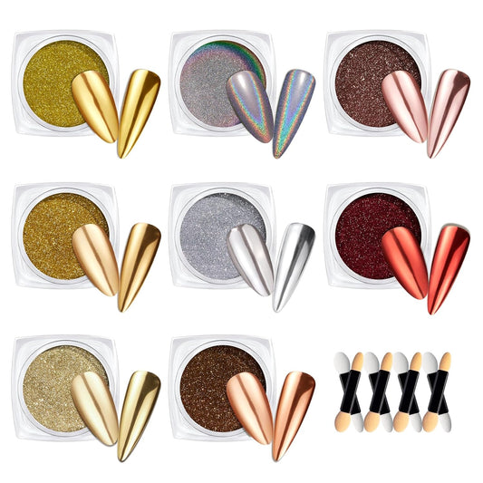 Beetles Gold Chrome Nail Powder Set - 8 Colors Sliver Holographic Mirror Effect Iridescent Golden