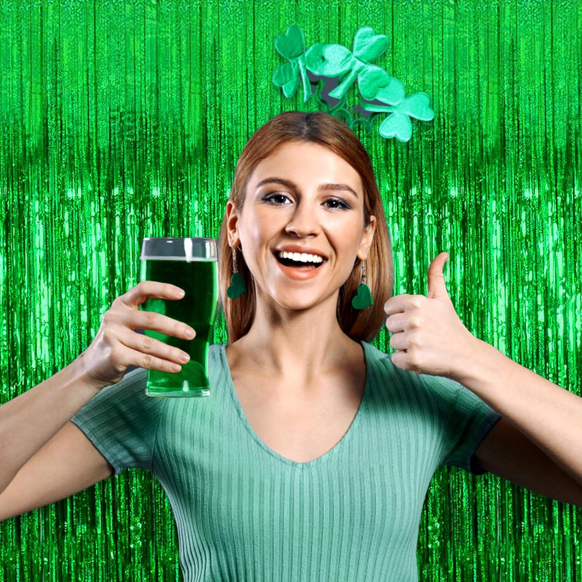 3 Pack Green Foil Fringe Curtain Backdrop, 3.28Ft x 8.2Ft Metallic Tinsel Foil Fringe Streamer