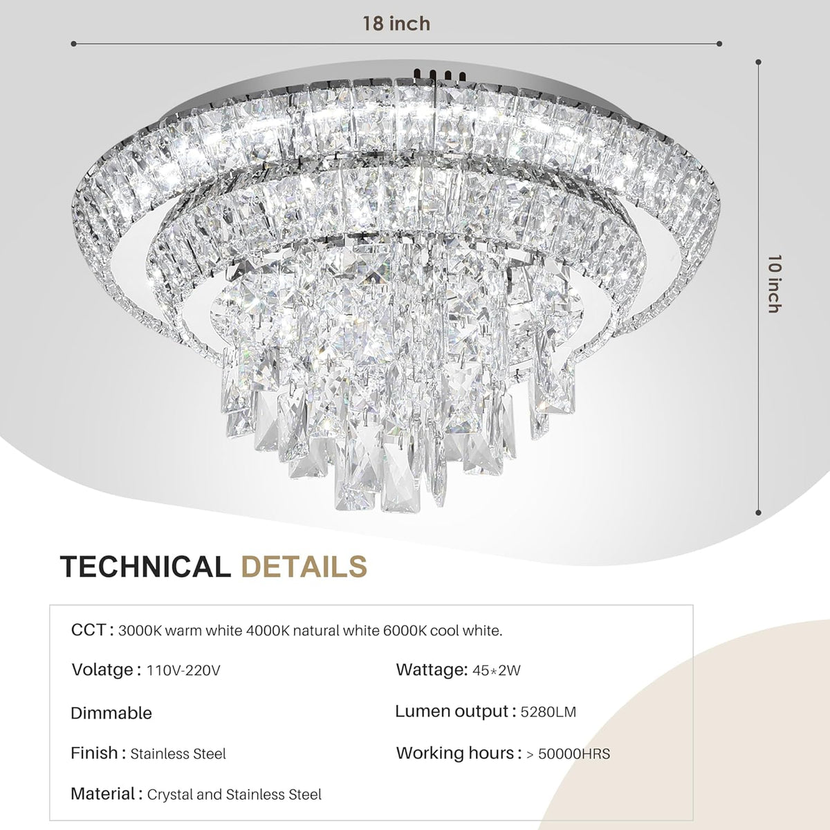 18 inch Crystal Silver Ceiling-Light Flush Mount with Remote Control and APP, 3CCT Dimmable &