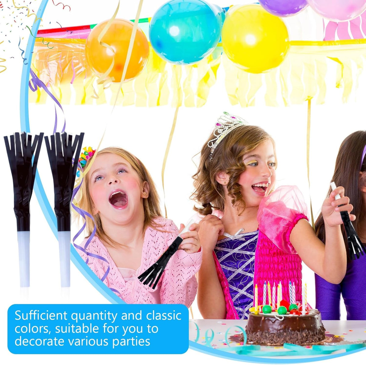 Party Blowers Metallic Fringed Noise Makers, 48 Pcs, Black, for Baby Shower, Kids Birthday, New