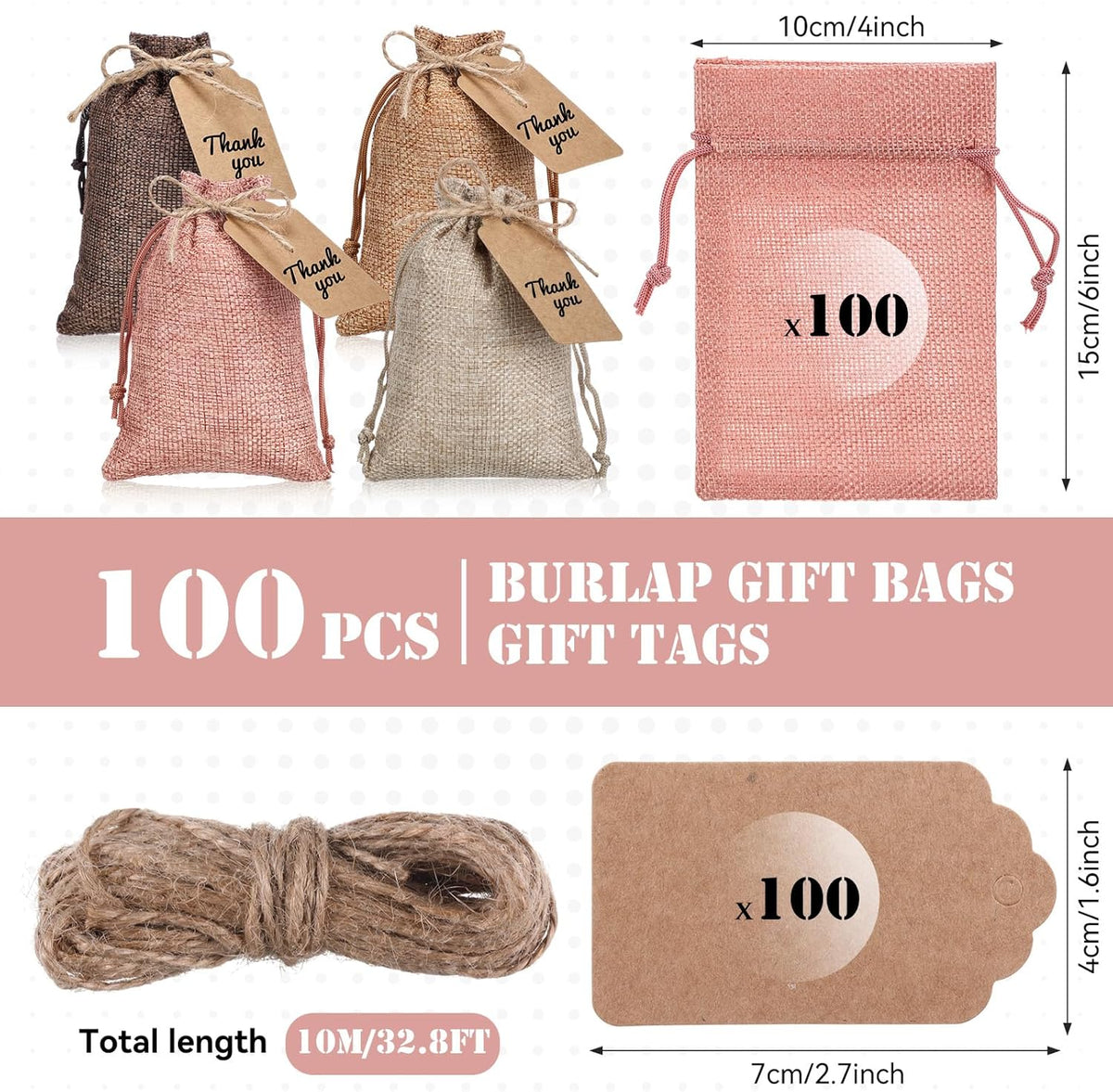 Woanger 100 Pcs Burlap Gift Bags with 100 Pcs Kraft Paper Gift Tags Drawstring Favor Bulk Burlap