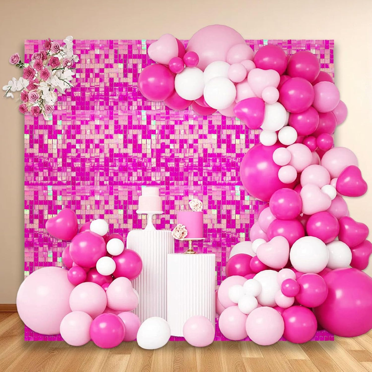 24PCS Colorful Pink Shimmer Wall Backdrop, Square Sequin Photo Backdrops Panel, Glitter Wall
