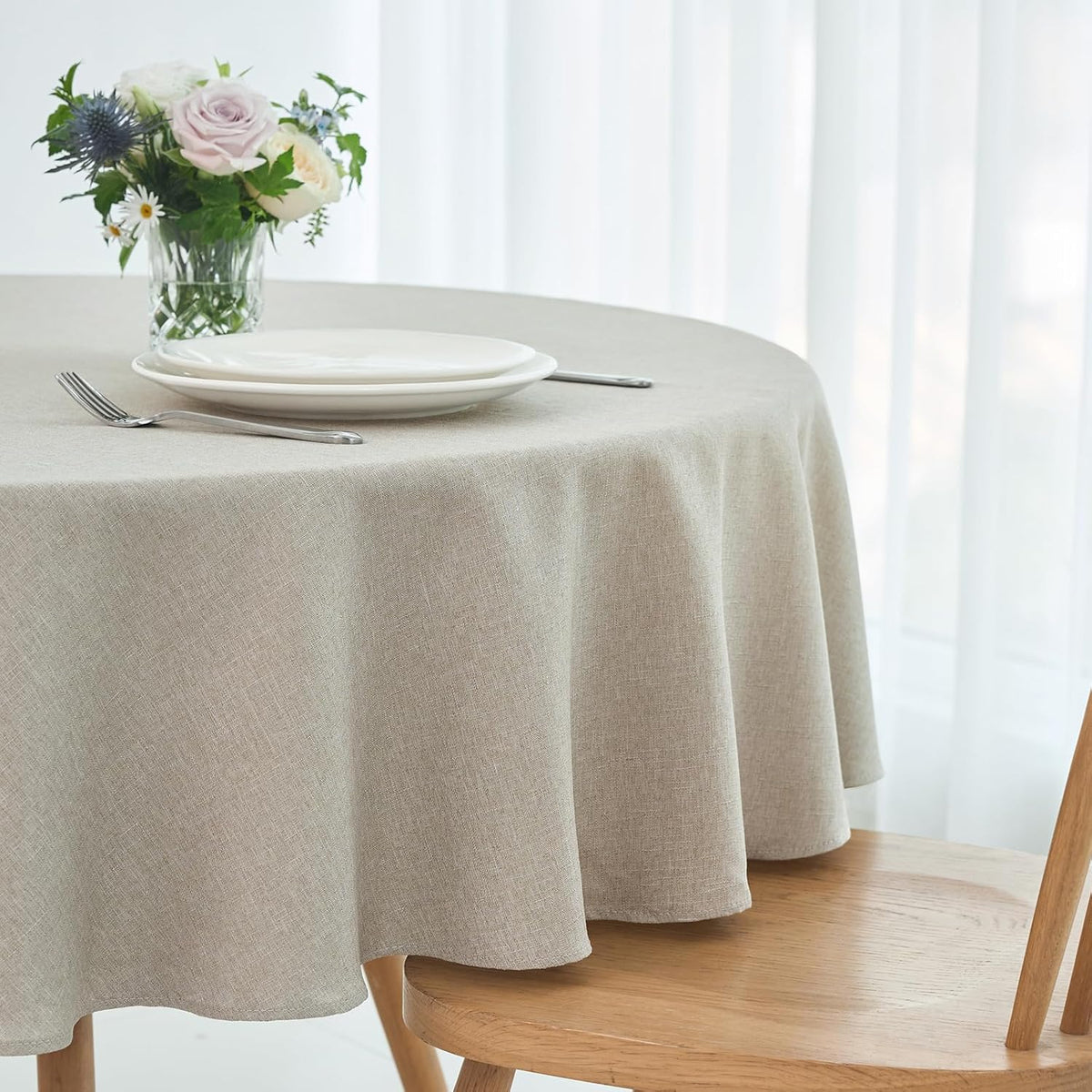 maxmill Round Linen Textured Tablecloth Spill-Proof Stainproof Wrinkle Free Washable Fabric Table