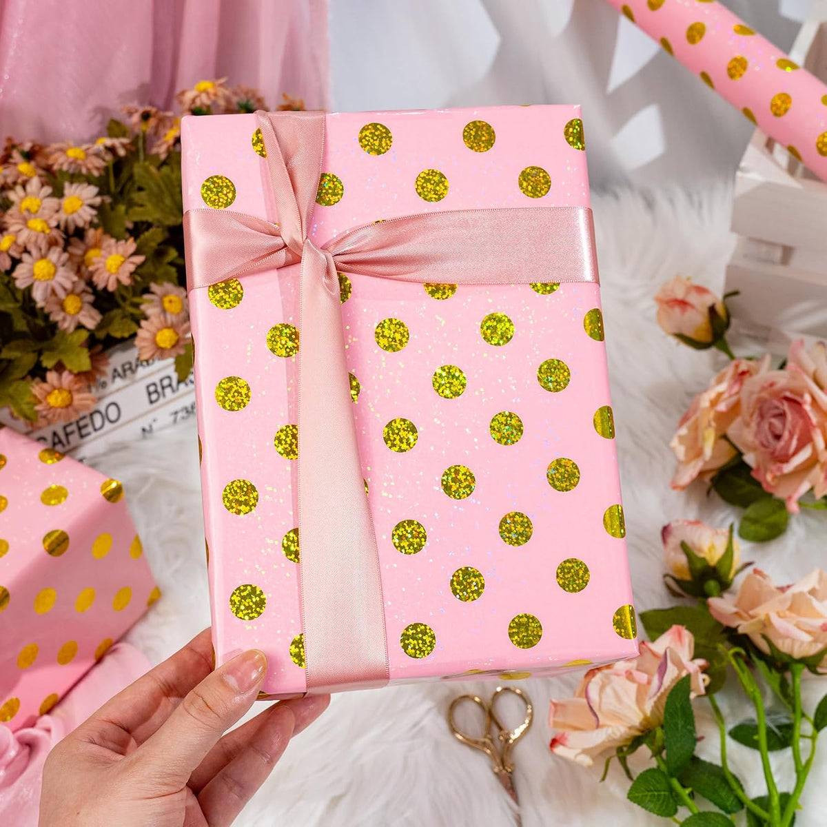 Burymento Pink Holographic Dots Wrapping Paper, Reversible Gold Gift Wrap for Birthday, Valentines