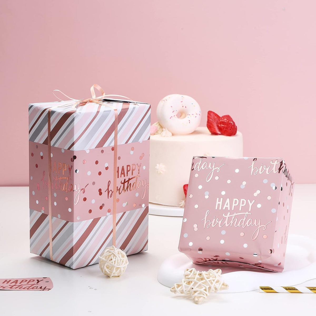 LeZakaa Reversible Pink Birthday Wrapping Paper Roll for Girls Women, Happy Birthday Lettering &