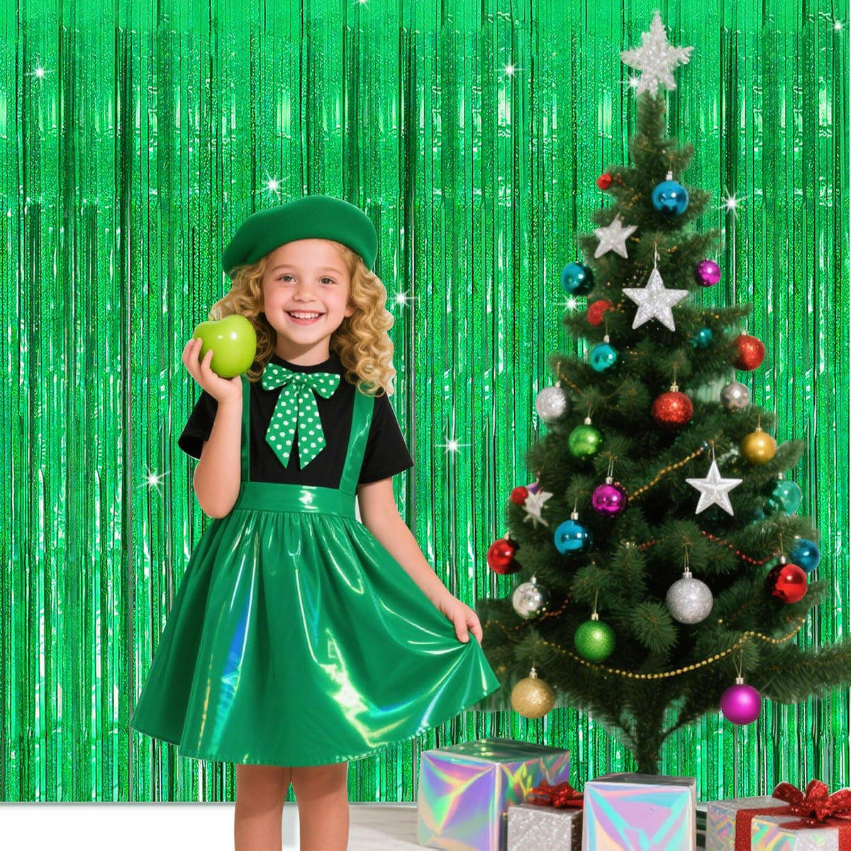 2 Pack Neon Green Birthday Decorations Foil Fringe Curtain Green Streamers for Glow Party