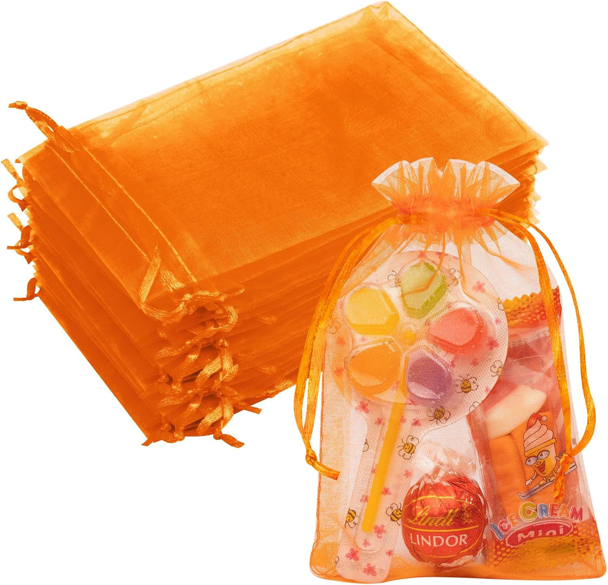 50 Pcs Orange Organza Bags 4x6 Inch, Small Mesh Drawstring Gift Bags for Halloween Treats, Candy