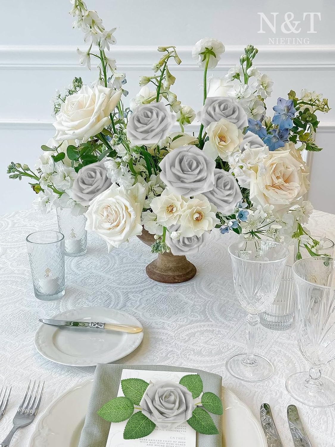 N&T NIETING Artificial Flowers, 25pcs Fake Flowers Roses with Stem for DIY Wedding Bouquets