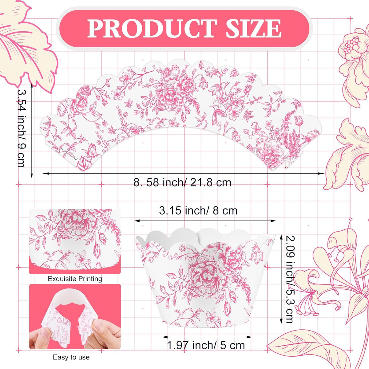 Domensi 100 Pcs Pink Floral Cupcake Wrappers Rustic Cupcake Liners Pink Baking Cups Flower Baking