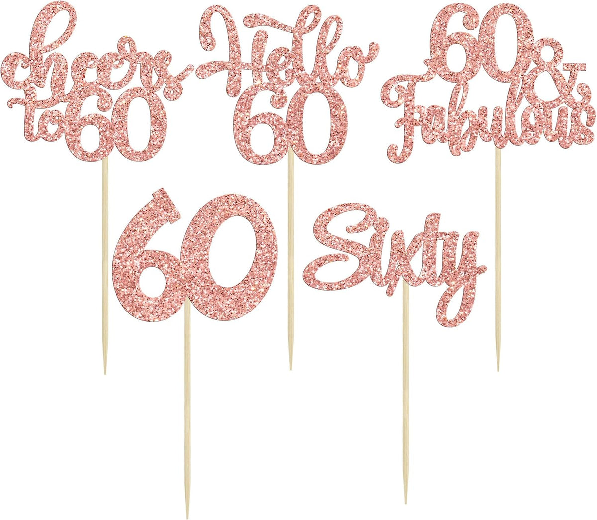 30Pcs Happy 60th Birthday Cupcake Toppers Rose Gold Glitter Sixty Cake Toppers Cheers to 60 Years