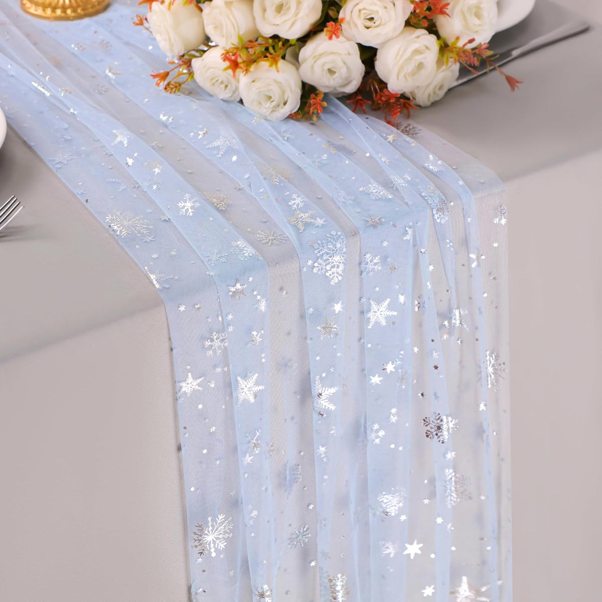 Snowkingdom Silver Snowflake Christmas Table Runner, 10ft Blue Cheesecloth Gauze Sheer Chiffon 120