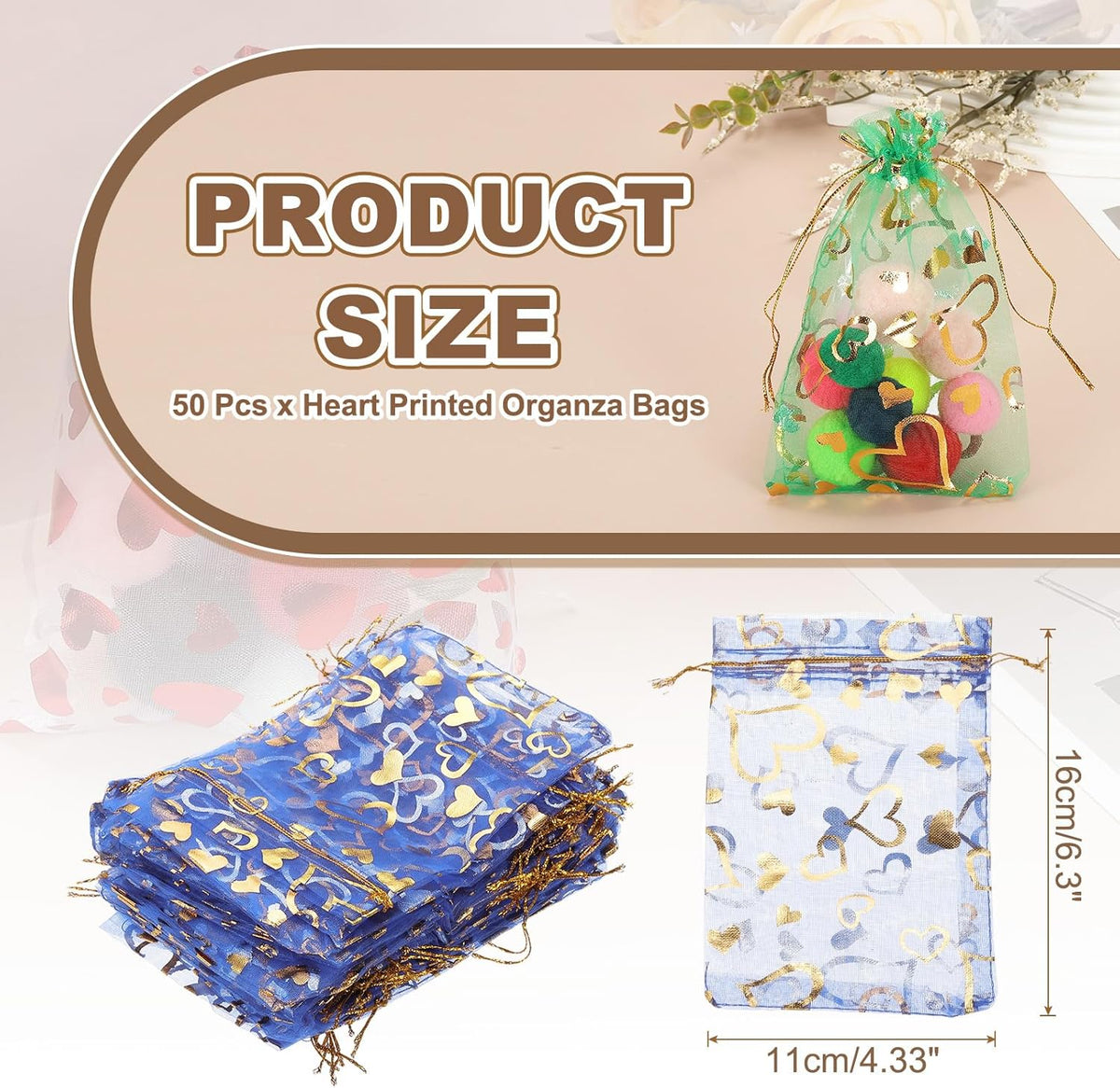 PATIKIL 50 Pcs 4x6 Inch Heart Printed Organza Bags, Navy Blue Sheer Heart Organza Bags with