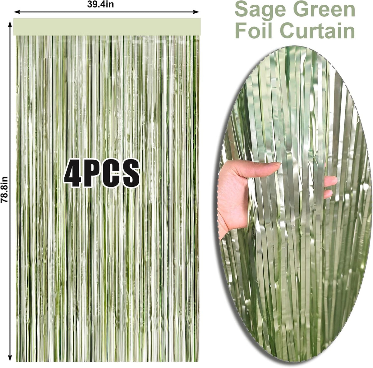 4 Packs Sage Green Foil Fringe Curtain, Light Green Glitter Metallic Tinsel Backdrop for Boho