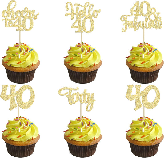 30pcs Happy 40th Birthday Cupcake Toppers - Gold Glitter Forty Cheers to 40 Years Old Cupcake Picks