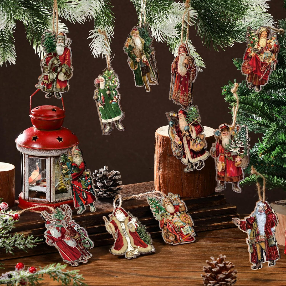 Suzile 36 Pcs Christmas Wooden Ornaments Vintage Christmas Tree Decorations Santa Claus Ornaments