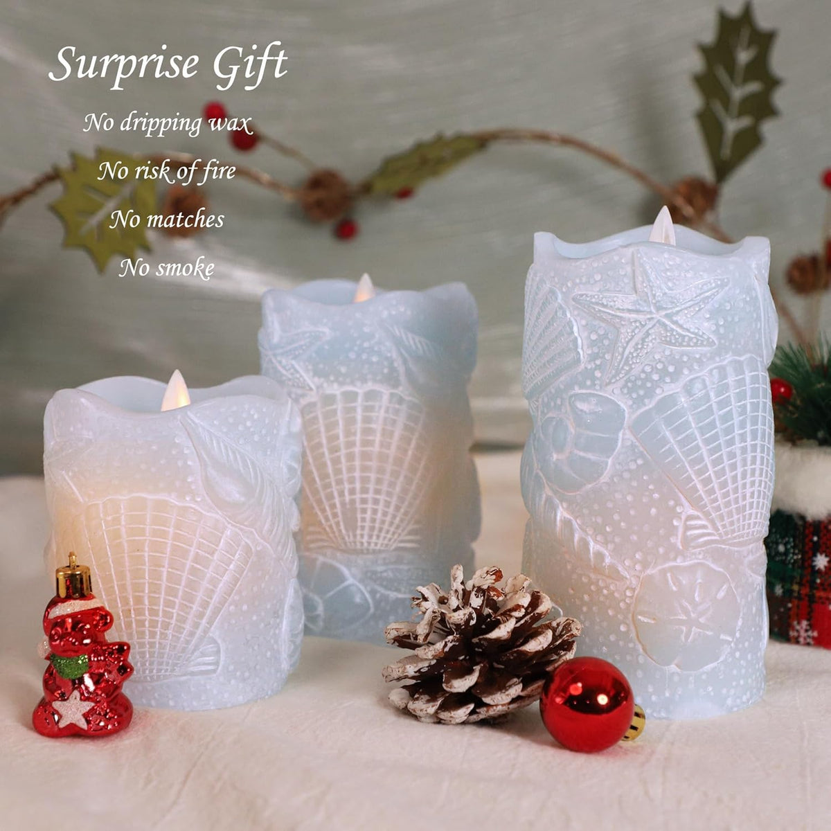 Silverstro Ocean Flameless Candles Remote Carved Seashell Real Wax Flicker Battery Operated Candles