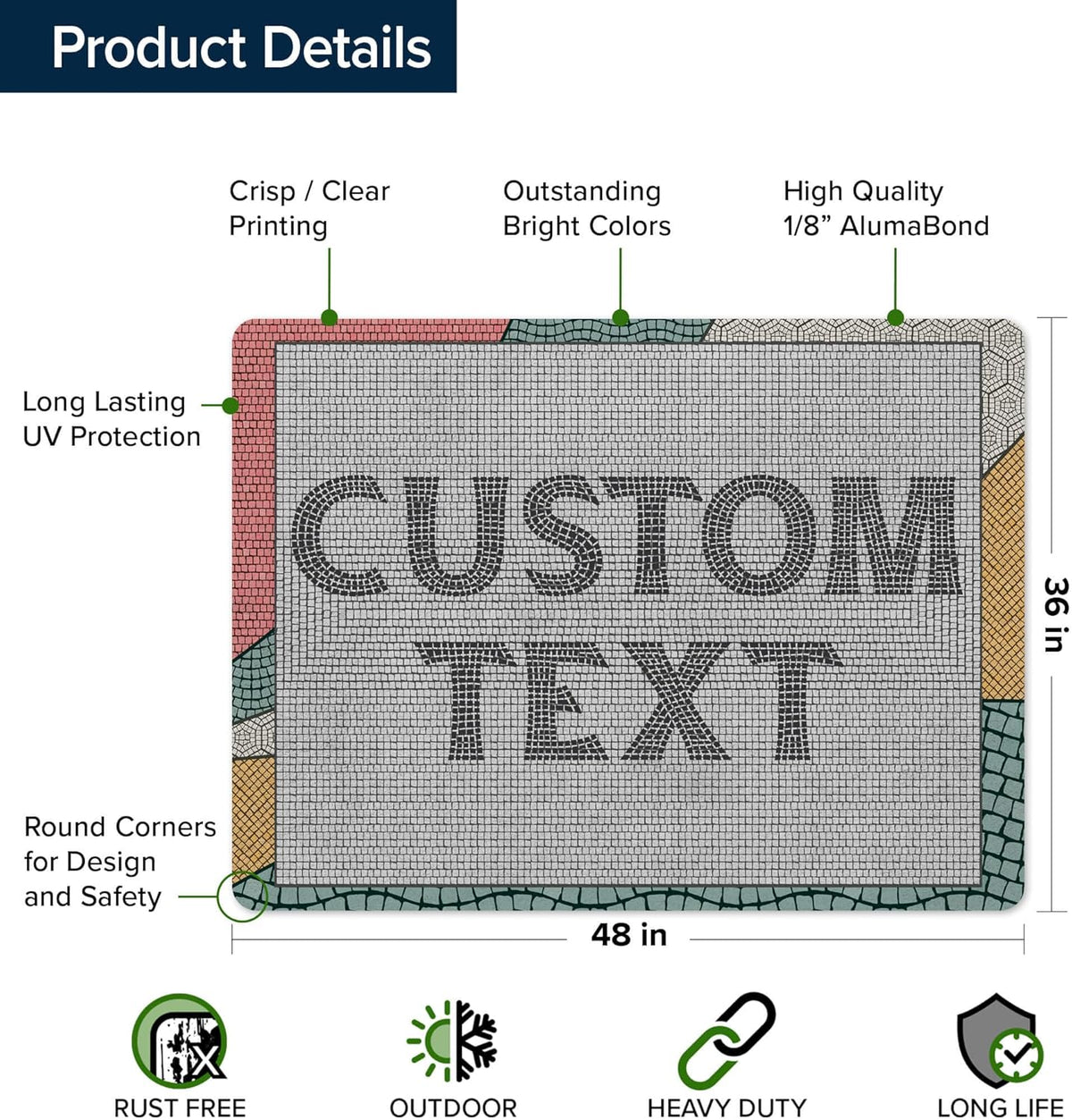 Custom Sign, Custom Street Sign, 11 Font Colors, 13 Font Styles, 4 Hole Options, 22 Sizes, 36x48