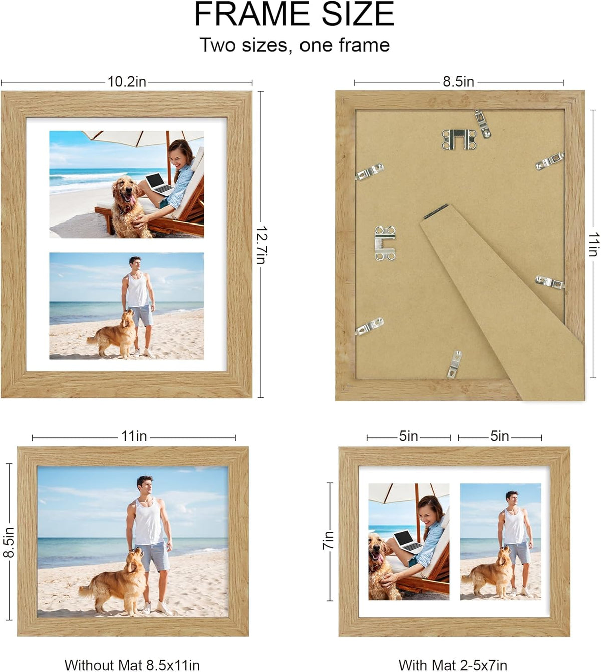 8.5x11 Picture Frame Set of 2, Natural Oak Certificate Document Frames with Glass Collage Frame
