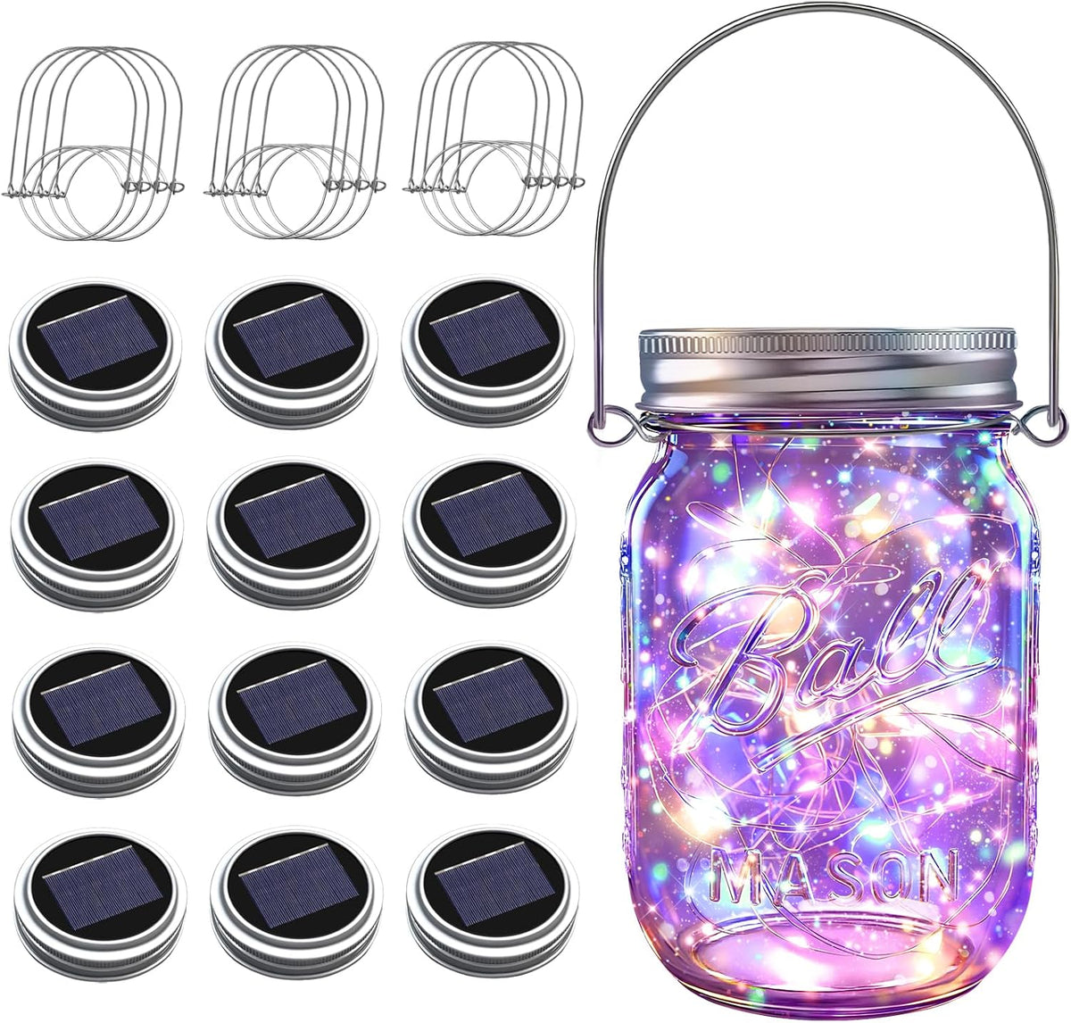 Solar Mason Jar Lights [Upgraded], 12 Pack 30 LED Firefly Fairy String Lights, Waterproof Outdoor